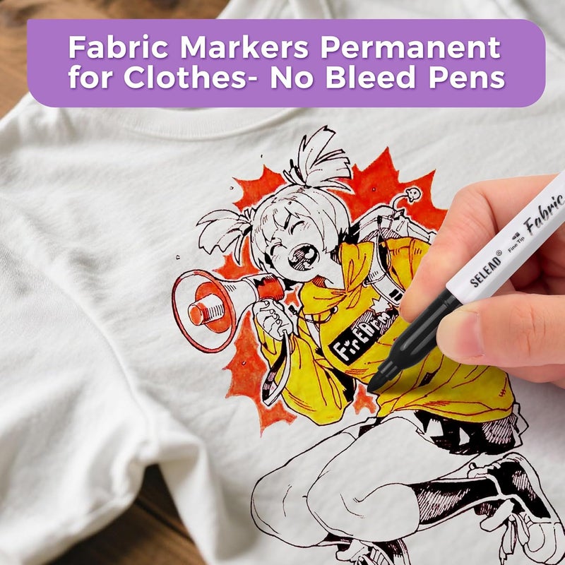 SELEAD 24 Fabric Markers Permanent for Clothes - Colored Fine Tip Waterproof Non Toxic Art Drawing Marker Pens Set for T-Shirts, Bags, Textile, Canvas, Shoes - Image 2